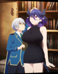 Rule 34 | 1boy, 1girl, absurdres, alto goldfield, anime screenshot, breasts, demon girl, demon horns, demon tail, highres, horns, huge breasts, indoors, interior, kinsou no vermeil, medium hair, pointy ears, purple hair, red eyes, stitched, tail, third-party edit, vermeil (kinsou no vermeil)