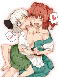 Rule 34 | 2girls, ;d, alternate breast size, bad id, bad pixiv id, barefoot, blush, breast press, breasts, cheek-to-cheek, cheek squash, collarbone, fang, female focus, hairband, holding hands, heads together, heart, highres, kariinu, konpaku youmu, large breasts, looking at another, miniskirt, multiple girls, one eye closed, onozuka komachi, open mouth, red eyes, red hair, short hair, silver hair, skirt, smile, speech bubble, spoken blush, spoken heart, symmetrical docking, touhou, twintails, two side up, wink, yuri