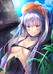 Rule 34 | 1girl, :q, animal hood, arm up, bikini, bikini top only, bikini under clothes, black bikini, black jacket, blue bow, blue choker, blue eyes, blue sky, blush, bow, breasts, choker, closed mouth, cloud, collarbone, commentary request, day, fate/grand order, fate (series), hair between eyes, hood, hood up, hooded jacket, jacket, knee up, long hair, medium breasts, meltryllis, meltryllis (fate), meltryllis (swimsuit lancer) (fate), meltryllis (swimsuit lancer) (first ascension) (fate), mishiro (ixtlolton), open clothes, open jacket, outdoors, penguin hood, purple hair, sky, sleeves past fingers, sleeves past wrists, smile, solo, sunlight, swimsuit, tongue, tongue out, v-shaped eyebrows
