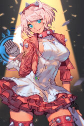 Rule 34 | 1girl, blue eyes, collar, elphelt valentine, guilty gear, guilty gear strive, hairband, hungry clicker, jacket, leather, leather jacket, legs apart, microphone, open clothes, open jacket, pink jacket, spiked collar, spiked hairband, spikes, thighs, white hair, wide hips