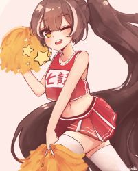 Rule 34 | 1girl, absurdres, alternate costume, brown eyes, brown hair, cheering, cheerleader, crop top, crop top overhang, highres, holding, holding pom poms, hololive, hololive english, long hair, looking at viewer, midriff, miniskirt, multicolored hair, name tag, nanashi mumei, navel, one eye closed, open mouth, pleated skirt, pom pom (cheerleading), pom poms, ponytail, red shirt, red skirt, shirt, skirt, sleeveless, sleeveless shirt, smile, solo, star (symbol), streaked hair, teeth, thighhighs, ty4nak, upper teeth only, very long hair, virtual youtuber, white thighhighs