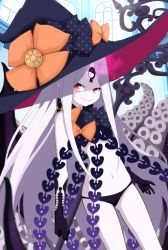 Rule 34 | 1girl, abigail williams (fate), abigail williams (third ascension) (fate), black bow, black gloves, black hat, black panties, bow, colored skin, commentary request, elbow gloves, fate/grand order, fate (series), gloves, glowing, grin, hat, hat bow, kitara koichi, long hair, navel, orange bow, panties, parted bangs, print bow, red eyes, revealing clothes, sharp teeth, smile, solo, star (symbol), star print, suction cups, teeth, tentacles, topless, underwear, very long hair, white hair, white skin, witch hat