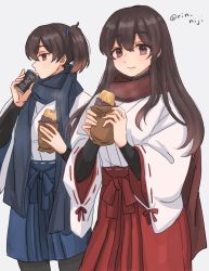 Rule 34 | 2girls, akagi (kancolle), alternate costume, black legwear, black undershirt, blue hakama, blue scarf, brown hair, can, canned coffee, commentary request, drink can, food, grey background, hair between eyes, hakama, holding, holding food, japanese clothes, kaga (kancolle), kantai collection, long hair, long sleeves, multiple girls, pantyhose, ponytail, red eyes, red hakama, red scarf, ribbon-trimmed sleeves, ribbon trim, rin (rin niji), roasted sweet potato, scarf, side ponytail, simple background, sweet potato, twitter username, undershirt, wide sleeves