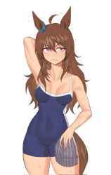 Rule 34 | 1girl, ahoge, animal ears, arm behind head, beanie, breasts, breasts apart, brown hair, collarbone, covered navel, cowboy shot, fukuro (maruaru00), grimace, hat, highres, holding, holding clothes, holding hat, horse ears, horse girl, horse tail, long hair, nakayama festa (umamusume), one-piece swimsuit, pink eyes, school swimsuit, simple background, small breasts, solo, swimsuit, tail, tracen swimsuit, umamusume, unworn hat, unworn headwear, wet, white background
