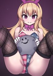 Rule 34 | 1girl, alternate costume, animal ears, bare shoulders, black thighhighs, blonde hair, bow, bowtie, breasts, clownpiece, fake animal ears, fishnet thighhighs, fishnets, gloves, headband, highres, leotard, long hair, looking at viewer, nuclear cake, partially visible vulva, purple background, purple bow, purple bowtie, purple eyes, purple headband, rabbit ears, simple background, sitting, small breasts, smile, solo, spread legs, star (symbol), star print, striped, thighhighs, touhou, tray, very long hair, white gloves