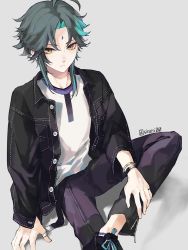 Rule 34 | 1boy, ahoge, alternate costume, aqua hair, black footwear, black hair, black jacket, black pants, bracelet, casual, closed mouth, commentary request, denim, denim jacket, facial mark, forehead mark, genshin impact, grey background, highres, jacket, jewelry, male focus, multicolored hair, pants, ring, shiraishi (siraisi00), shirt, shoes, simple background, sitting, sneakers, solo, twitter username, white shirt, xiao (genshin impact), yellow eyes