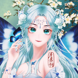 Rule 34 | 1girl, absurdres, bare shoulders, blue eyes, blue hair, bracelet, butterfly hair ornament, douluo dalu, dress, female focus, flower, hair flower, hair ornament, highres, jewelry, long hair, looking at viewer, smile, solo, tang wutong (douluo dalu), tang wutong tongren she, upper body, white dress