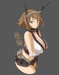 Rule 34 | 10s, 1girl, bad id, breasts, brown eyes, chain, cleavage, covered erect nipples, cropped legs, crossed arms, gloves, grey background, highres, huge breasts, kantai collection, looking at viewer, miniskirt, mutsu (kancolle), shoumaru (gadget box), simple background, skirt, smile, solo, thighs, translated