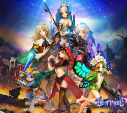 Rule 34 | 2boys, 3girls, armor, ascot, bare shoulders, black ascot, blonde hair, blue gemstone, bowgun, braid, breasts, cape, center frills, chain, cleavage, copyright name, cornelius (odin sphere), detached sleeves, faulds, frilled legwear, frills, frown, gem, glint, gwendolyn (odin sphere), half-closed eyes, highres, holding, holding sword, holding weapon, hood, jewelry, kamitani george, long hair, low wings, mercedes (odin sphere), midriff, mountainous horizon, multiple boys, multiple girls, navel, neck ring, odin sphere, official art, oswald, outdoors, parted bangs, pointy ears, polearm, pooka (odin sphere), pteruges, puff and slash sleeves, puffy shorts, puffy sleeves, red gemstone, shorts, spear, standing, standing on one leg, sword, thighhighs, twin braids, v-shaped eyebrows, vanillaware, velvet (odin sphere), weapon, white hair, wings