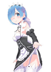 Rule 34 | absurdres, blue hair, bob cut, clothes lift, commentary request, covered erect nipples, detached sleeves, dress, frilled dress, frills, garter belt, garter straps, hair ornament, hair over one eye, hair ribbon, highres, lace, lace-trimmed legwear, lace trim, lifted by self, looking at viewer, maid, maid headdress, nipples, no panties, re:zero kara hajimeru isekai seikatsu, rem (re:zero), ribbon, short hair, sirokohi, skirt, skirt lift, smile, solo, thighhighs