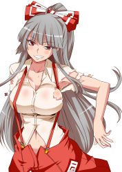 Rule 34 | 1girl, aoi manabu, armpits, blush, bow, breasts, clenched teeth, female focus, fujiwara no mokou, grey hair, grin, hair bow, large breasts, long hair, looking at viewer, navel, red eyes, simple background, smile, solo, suspenders, teeth, torn clothes, touhou, very long hair, white background