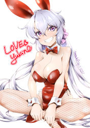 Rule 34 | 1girl, animal ears, bow, bowtie, breasts, character name, cleavage, commentary request, detached collar, fishnet pantyhose, fishnets, grin, indian style, k.m.station, large breasts, leotard, long hair, looking at viewer, low twintails, pantyhose, playboy bunny, purple eyes, purple hair, rabbit ears, red bow, red bowtie, red leotard, senki zesshou symphogear, simple background, sitting, smile, solo, strapless, strapless leotard, twintails, white background, wrist cuffs, yukine chris