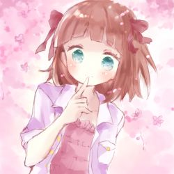 Rule 34 | 1girl, bad id, bad pixiv id, blush, bow, brown hair, closed mouth, collarbone, copyright request, dress, floral background, flower, green eyes, hair bow, hand up, jacket, open clothes, open jacket, pink dress, pink flower, purple jacket, red bow, short sleeves, smile, solo, tsukiyo (skymint), upper body