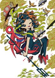 Rule 34 | 1girl, absurdres, animal, bird, black dress, black hair, black thighhighs, branch, cloud, commentary, dress, full body, half-closed eye, highres, houjuu nue, looking at viewer, medium hair, neruzou, pointy ears, polearm, red footwear, shoes, short dress, short sleeves, snake, solo, thighhighs, tongue, tongue out, touhou, trident, ufo, weapon, white background, whorled clouds, wings