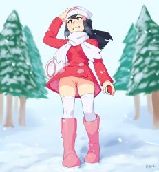 Rule 34 | 1girl, absurdres, arm up, artist name, bag, black hair, boots, breasts, breath, cleft of venus, commentary request, creatures (company), dawn (pokemon), dawn (pokemon platinum), day, fir tree, full body, game freak, gluteal fold, grin, hand on own head, hat, highres, holding, holding poke ball, jacket, knee boots, long hair, long sleeves, medium breasts, nintendo, no panties, outdoors, pink footwear, poke ball, pokemon, pokemon dppt, pokemon platinum, pussy, red jacket, rob ishi, scarf, skindentation, smile, snow, snowing, solo, teeth, thighhighs, tree, white bag, white scarf, white thighhighs