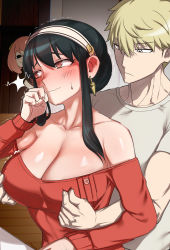 Rule 34 | 1boy, 2girls, absurdres, anya&#039;s heh face (meme), bare shoulders, beehive hairdo, black hair, blonde hair, blush, breasts, cleavage, earrings, father and daughter, geulimykun (skbyunea413), hetero, highres, husband and wife, jewelry, large breasts, long sleeves, meme, mother and daughter, multiple girls, nipple stimulation, nipple tweak, off-shoulder sweater, off shoulder, peeking out, pink hair, red eyes, red sweater, shirt, sidelocks, smile, spy x family, sweatdrop, sweater, trembling, twilight (spy x family), wavy mouth, white shirt, yor briar