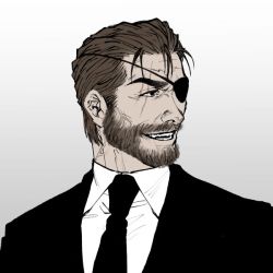 Rule 34 | 1boy, beard, big boss, brown hair, commentary request, eyepatch, facial hair, formal, male focus, metal gear (series), metal gear solid, metal gear solid 3: snake eater, mustache, seven77, simple background, solo, suit, white background
