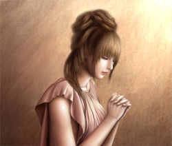 Rule 34 | 1girl, amatchi, bad id, bad pixiv id, bare arms, blunt bangs, brown hair, closed eyes, closed mouth, dress, gradient background, long hair, nightgown, original, own hands clasped, own hands together, pink dress, realistic, short sleeves, simple background, sleeveless, solo, upper body, w arms