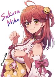 Rule 34 | 1girl, absurdres, ahoge, bad anatomy, bare shoulders, bell, breasts, character name, detached sleeves, green eyes, hair bell, hair ornament, hairclip, highres, hololive, huge filesize, large breasts, looking at viewer, paw pose, paw print, paw print pattern, pink hair, sakura miko, sakura miko (1st costume), sideboob, solo, takahan, twitter username, virtual youtuber, white background, x hair ornament