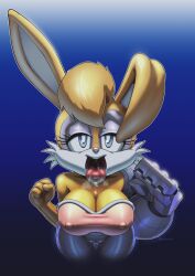 Rule 34 | 1girl, animal nose, artist name, bare shoulders, blue background, blue eyes, body fur, bottomless, breasts, breath, bright pupils, brown hair, bunnie rabbot, cleavage, clenched hands, clitoral hood, collarbone, covered erect nipples, cowboy shot, cropped legs, cyborg, drooling, eyeshadow, female focus, furry, furry female, gradient background, half-closed eyes, hands up, large breasts, leaning forward, looking at viewer, mechanical arms, mechanical legs, multicolored fur, open mouth, outline, pink shirt, purple eyeshadow, purple fur, pussy, rabbit ears, rabbit girl, rockthebull, saliva, shirt, short hair, signature, simple background, single mechanical arm, solo, sonic (series), sonic the hedgehog (archie comics), standing, straight-on, strapless, strapless shirt, teeth, tongue, tongue out, twitter username, uncensored, uvula, watermark, white fur, white outline, white pupils, yellow fur