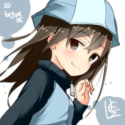 Rule 34 | 10s, 1girl, artist name, barashiya, blue hat, blue jacket, blush, brown eyes, brown hair, circle, closed mouth, emblem, from side, girls und panzer, hat, jacket, keizoku military uniform, leaning forward, long hair, long sleeves, looking at viewer, mika (girls und panzer), military, military uniform, portrait, raglan sleeves, signature, smile, solo, track jacket, twitter username, uniform, white background, wind, zipper pull tab