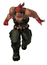 Rule 34 | 1boy, bandana, bandolier, boots, clenched hand, combat boots, explosive, fingerless gloves, gloves, grenade, highres, male focus, military, muscular, official art, ogura eisuke, pants, pouch, ralf jones, snk, solo, tan, the king of fighters, the king of fighters xii, vest