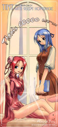 Rule 34 | 2girls, blue hair, blush, book, china dress, chinese clothes, dress, full body, holding, holding book, long sleeves, looking at viewer, multiple girls, red dress, red hair, seedark, short hair, sitting, v arms, window