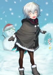 Rule 34 | 1boy, ^ ^, bad id, bad pixiv id, black pantyhose, closed eyes, day, fate (series), full body, hair between eyes, igloo, izumo (ton 63), jack the ripper (fate/apocrypha), male focus, open mouth, outdoors, pantyhose, shiny clothes, short hair, silver hair, snow shelter, snowing, snowman, solo, standing