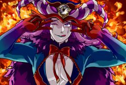 Rule 34 | 1boy, aves plumbum9, blue eyes, demon boy, double v, emotional engine - full drive, explosion, fate/grand order, fate (series), gloves, hands up, hat, highres, horns, long hair, long sleeves, looking at viewer, makeup, male focus, mephistopheles (fate), open mouth, parody, pectoral cleavage, pectorals, purple eyes, purple hair, smile, solo, sparkle, tongue, tongue out, v