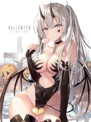 Rule 34 | 1girl, ahoge, artist name, bad id, bad twitter id, bare shoulders, black gloves, blush, breasts, candy, chain, choker, cleavage, collarbone, demon girl, demon horns, demon tail, demon wings, facial mark, fingerless gloves, food, gloves, groin, heart, highres, holding, holding food, horns, jack-o&#039;-lantern, large breasts, lollipop, long hair, looking at viewer, original, pink eyes, revealing clothes, rin yuu, sidelocks, sitting, solo, tail, thighhighs, twintails, wings