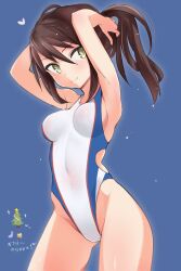 Rule 34 | 1girl, aohashi ame, armpits, arms up, breasts, brown hair, competition swimsuit, covered navel, eleonore giovanna gassion, hair between eyes, highres, looking at viewer, luminous witches, medium breasts, one-piece swimsuit, ponytail, sideboob, simple background, solo, swimsuit, tying hair, world witches series, yellow eyes