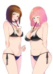 Rule 34 | &gt;:), 2girls, arms behind back, bang dream!, bare legs, bare shoulders, belly, bikini, black bikini, blush, bouhatei (t-back), breasts, brown eyes, brown hair, bubble tea, bubble tea challenge, closed mouth, commission, cowboy shot, cup, drink, drinking straw, drinking straw in mouth, green eyes, groin, hair over shoulder, hazawa tsugumi, head tilt, highres, large breasts, looking at viewer, low twintails, lowleg, lowleg bikini, medium breasts, medium hair, multiple girls, navel, one eye closed, pink hair, plump, short hair, side-tie bikini bottom, simple background, skindentation, standing, stomach, sweat, swept bangs, swimsuit, thong, thong bikini, twintails, uehara himari, v-shaped eyebrows, white background