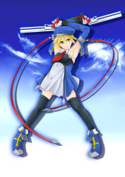 Rule 34 | 1girl, arc system works, armpits, arms up, beret, black thighhighs, blazblue, blonde hair, boots, detached sleeves, female focus, full body, gloves, gradient background, green eyes, gun, hat, highres, necktie, noel vermillion, raaayama, red ribbon, ribbon, short hair, sky, solo, thighhighs, weapon, white gloves, zettai ryouiki