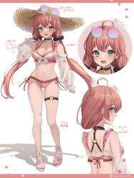 Rule 34 | 1girl, :d, absurdres, ahoge, arm at side, bandaid, bandaid on leg, bare shoulders, bikini, black choker, blush, breasts, character sheet, cherry blossoms, choker, cleavage, closed mouth, commentary request, crossed bandaids, crossed bangs, detached sleeves, double-parted bangs, eyewear on headwear, fingernails, flower, frilled bikini, frills, green eyes, hanazawa ma, hand up, hat, highres, hololive, long hair, looking at viewer, low twintails, medium breasts, multiple views, nail polish, o-ring, o-ring thigh strap, open mouth, petals, pink bikini, pink hair, pink nails, polka dot, polka dot bikini, round eyewear, sakura miko, sandals, shadow, side-tie bikini bottom, sideways glance, smile, standing, straw hat, sunglasses, swimsuit, thigh strap, toenail polish, toenails, translation request, twintails, twitter username, very long hair, virtual youtuber