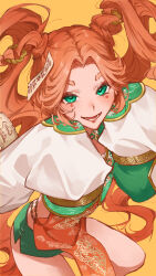 Rule 34 | 1girl, chinese clothes, commission, eyeshadow, facial mark, feet out of frame, green eyes, green skirt, highres, indie virtual youtuber, kyoushi paa, long hair, looking at viewer, lower teeth only, makeup, miniskirt, ofuda, ofuda on head, open mouth, orange background, orange hair, parted bangs, pelvic curtain, red eyeshadow, short eyebrows, skirt, sleeves past fingers, sleeves past wrists, smile, solo, teeth, twintails, very long hair, virtual youtuber, zuraa (naunau seijin)