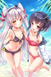 Rule 34 | 10s, 2girls, alternate costume, amatsukaze (kancolle), bikini, black hair, blush, breasts, brown eyes, cleavage, collarbone, dress, fang, food, front-tie top, hair tubes, hairband, headgear, highres, kantai collection, long hair, looking at viewer, milkshakework, multiple girls, navel, open clothes, open dress, open mouth, popsicle, revision, sailor dress, school uniform, serafuku, short hair, short hair with long locks, silver hair, small breasts, smile, swimsuit, tokitsukaze (kancolle), twintails, two side up