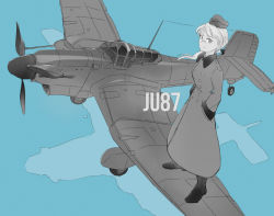 Rule 34 | 1girl, aircraft, airplane, boots, coat, garrison cap, hanna rudel, hat, junkers ju 87, limited palette, military, military uniform, military vehicle, ponytail, ribbon, scar, scar on face, scar on nose, shiraba (sonomama futene), solo, standing on object, strike witches, strike witches: suomus misfits squadron, trench coat, uniform, vehicle focus, world war ii, world witches series