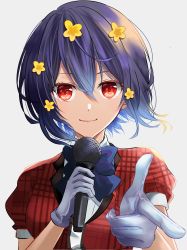 Rule 34 | 10s, 1girl, black hair, blue bow, blue bowtie, bow, bowtie, gloves, hair between eyes, hair ornament, highres, holding, holding microphone, inamori (inari00000), looking at viewer, microphone, mizuno ai, red eyes, short hair, simple background, smile, solo, upper body, white background, white gloves, zombie land saga