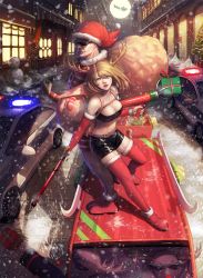 Rule 34 | 1boy, 1girl, antlers, back-to-back, backpack, bag, banajune, bandeau, bell, belt, black shorts, blonde hair, blue eyes, bodysuit, boots, box, breasts, building, car, carrying over shoulder, chain, christmas, christmas tree, cleavage, clenched hand, closed mouth, detached sleeves, dual wielding, facial hair, facial mark, flag, flying, gift, gift box, grin, gun, hair between eyes, harpoon, harpoon gun, hat, holding, horns, ice, large breasts, leaning on person, legs apart, long sleeves, looking at viewer, md5 mismatch, midriff, moon, motor vehicle, mustache, navel, night, night sky, on vehicle, original, outdoors, parted lips, pavement, police car, red footwear, red hat, red nose, reindeer, reindeer antlers, sack, santa claus, santa costume, santa hat, shade, shadow, shoes, short shorts, shorts, sky, sled, smile, snow, snowing, snowman, socks, standing, star (symbol), storefront, strapless, striped, sunglasses, swept bangs, thigh boots, thighhighs, tube top, vehicle, weapon