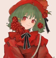 Rule 34 | 1girl, absurdres, alternate costume, beret, black bow, blush, bow, flower, green hair, hat, highres, light smile, looking to the side, macross, macross frontier, osatsu a, ranka lee, red eyes, red flower, red hat, short hair, smile, solo