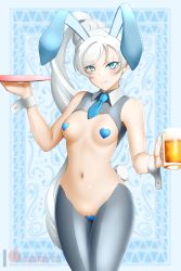 Rule 34 | 1girl, alcohol, animal ears, bare shoulders, beer, beer mug, blue eyes, blue necktie, blush, braid, breasts, closed mouth, covered erect nipples, cowboy shot, cup, drink, fake tail, female focus, front-seamed legwear, grey thighhighs, heart maebari, heart pasties, highres, holding, holding cup, holding mug, holding tray, kimmy77, long hair, looking at viewer, maebari, medium breasts, meme attire, mug, navel, necktie, pasties, patreon username, ponytail, rabbit ears, rabbit tail, reverse bunnysuit, reverse outfit, rwby, scar, scar across eye, scar on face, seamed legwear, side ponytail, small breasts, smile, solo, standing, stomach, swept bangs, tail, thighhighs, tray, very long hair, watermark, web address, weiss schnee, white hair, wrist cuffs