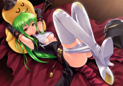 Rule 34 | 00s, 1girl, 40010prototype, belt, boots, breasts, c.c., cheese-kun, clothes pull, code geass, detached sleeves, dress, green hair, high heels, long hair, pants, pants pull, pizza hut, shoes, shorts, shorts pull, small breasts, solo, thigh boots, thighhighs, underboob, yellow eyes