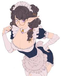 Rule 34 | 1girl, apron, blue dress, breasts, bridal gauntlets, brown hair, closed mouth, detached collar, dress, elliemaplefox, fangs, feet out of frame, freckles, frilled dress, frills, garter straps, glasses, hand on own hip, hand up, heterochromia, highres, large breasts, leaning forward, maid, maid apron, maid headdress, mole, mole on breast, mole under eye, original, pointy ears, puffy short sleeves, puffy sleeves, round eyewear, semi-rimless eyewear, short dress, short sleeves, simple background, solo, symbol-shaped pupils, thighhighs, torn clothes, torn thighhighs, twintails, white apron, white background, white bridal gauntlets, white garter straps, white thighhighs
