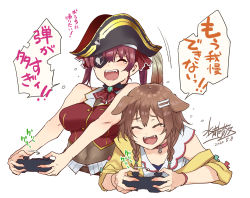 Rule 34 | 2girls, ^ ^, ^o^, animal ears, bad id, bad pixiv id, bare shoulders, braid, breasts, brown hair, closed eyes, commentary request, controller, dog ears, eyepatch, fangs, game controller, hair ornament, hairclip, hololive, houshou marine, inugami korone, inugami korone (1st costume), mizuryu kei, multiple girls, simple background, sleeveless, tears, teeth, translation request, twin braids, virtual youtuber, white background