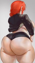 Rule 34 | 1girl, artist name, ass, ass focus, bent over, black panties, blush, breasts, brown eyes, chainsaw man, fat, grey background, highres, huge ass, huge breasts, long hair, makima (chainsaw man), noblood (ryandomonica), panties, plump, red hair, solo, thick thighs, thighs, underwear