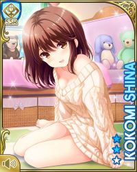 Rule 34 | 1girl, aran sweater, barefoot, bed, breasts, brown eyes, brown hair, cable knit, character name, cleavage, clothes tug, girlfriend (kari), legs, no pants, off shoulder, official art, on floor, open mouth, qp:flapper, shiina kokomi, short hair, sitting, smile, solo, stuffed animal, stuffed toy, sweater, sweater tug, teddy bear, white sweater