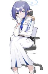 Rule 34 | 1girl, aoi (blue archive), blue archive, blue eyes, blue necktie, blue sky, blush, chair, closed mouth, dress, ear piercing, gloves, hair between eyes, halo, high heels, highres, jacket, long sleeves, looking at viewer, mole, mole under eye, necktie, piercing, pointy ears, short hair, siguma (13238772100), simple background, sitting, sky, solo, white background, white dress, white footwear, white gloves, white jacket