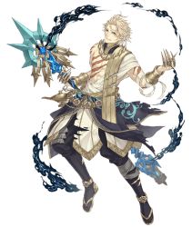 Rule 34 | 1boy, aladdin (character), asymmetrical clothes, blonde hair, blue eyes, bracer, claw ring, full body, holding, holding staff, ji no, looking at viewer, official art, sandals, scar, sinoalice, smoke, solo, staff, torn clothes, transparent background