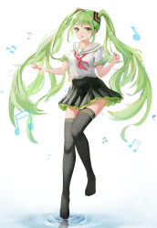 Rule 34 | 1girl, alternate costume, black skirt, black thighhighs, blush, commentary, eyelashes, floating hair, frilled skirt, frills, full body, green eyes, green hair, hands up, hatsune miku, highres, kivb, legs, long hair, looking at viewer, miniskirt, musical note, neckerchief, no shoes, open mouth, pleated skirt, red neckerchief, ripples, sailor collar, school uniform, serafuku, shirt, short sleeves, sidelocks, simple background, skirt, solo, standing, standing on one leg, thighhighs, thighs, twintails, very long hair, vocaloid, water, white background, white sailor collar, white shirt, zettai ryouiki