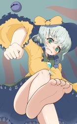 Rule 34 | 1girl, bare legs, barefoot, blush, bow, breasts, clenched hand, commentary request, convenient leg, disgust, feet, foot focus, foreshortening, from below, frown, green eyes, green skirt, hat, hat bow, highres, komeiji koishi, large breasts, leg up, looking at viewer, looking down, polyhedron2, shirt, short hair, simple background, skirt, soles, solo, stepping, sweat, third eye, toenails, toes, touhou, upskirt, white hair, wide sleeves, yellow shirt